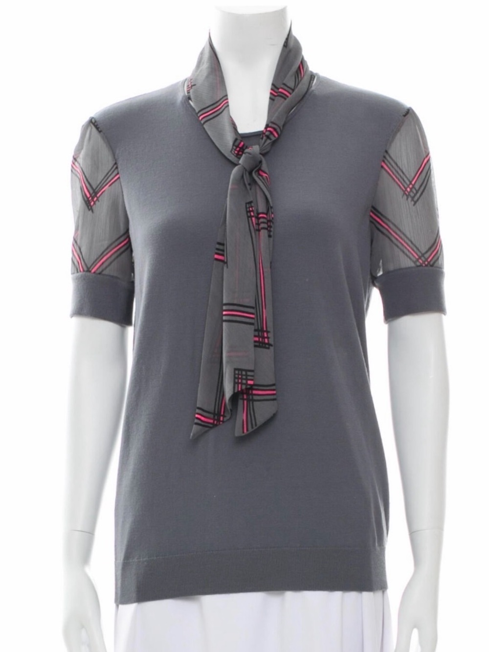 Emporio Armani short-sleeve grey knit top with semi-sheer chiffon accents